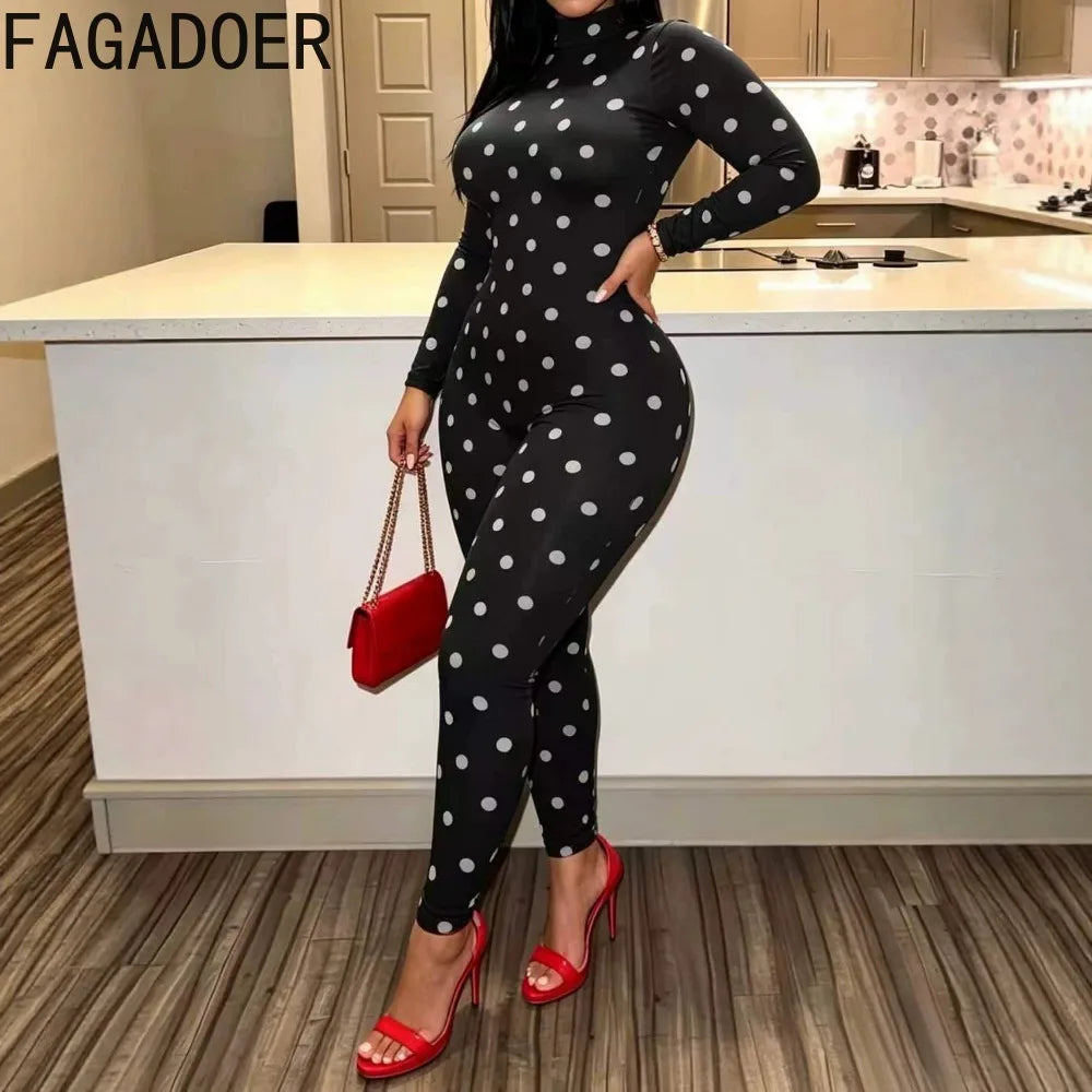 Polka Dot High Neck Long Sleeve Jumpsuit for Women