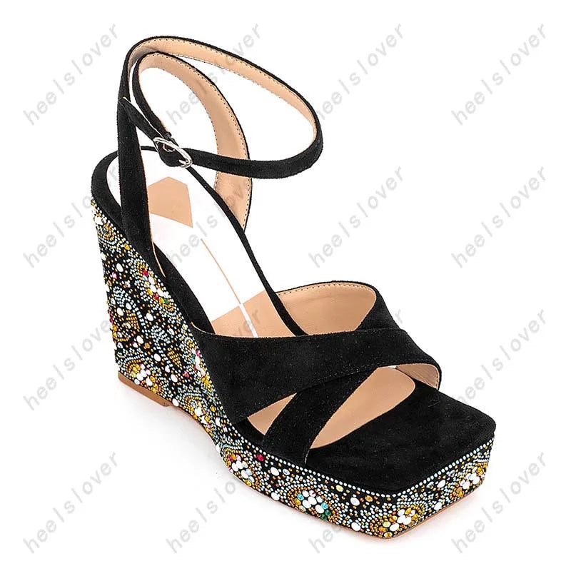 Elegant Rhinestone Square Toe Platform Wedge Sandals for Women
