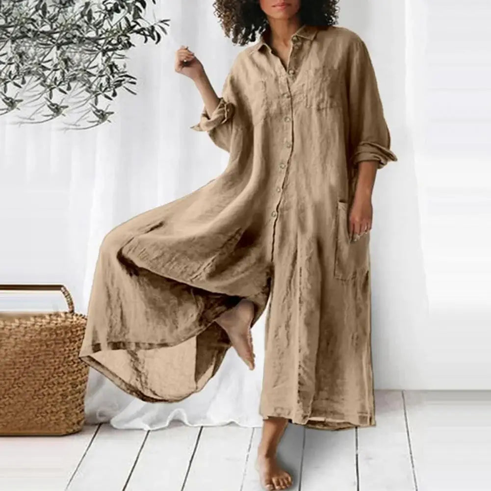 Oversized Cotton Linen Wide Leg Jumpsuit with Pockets for Women