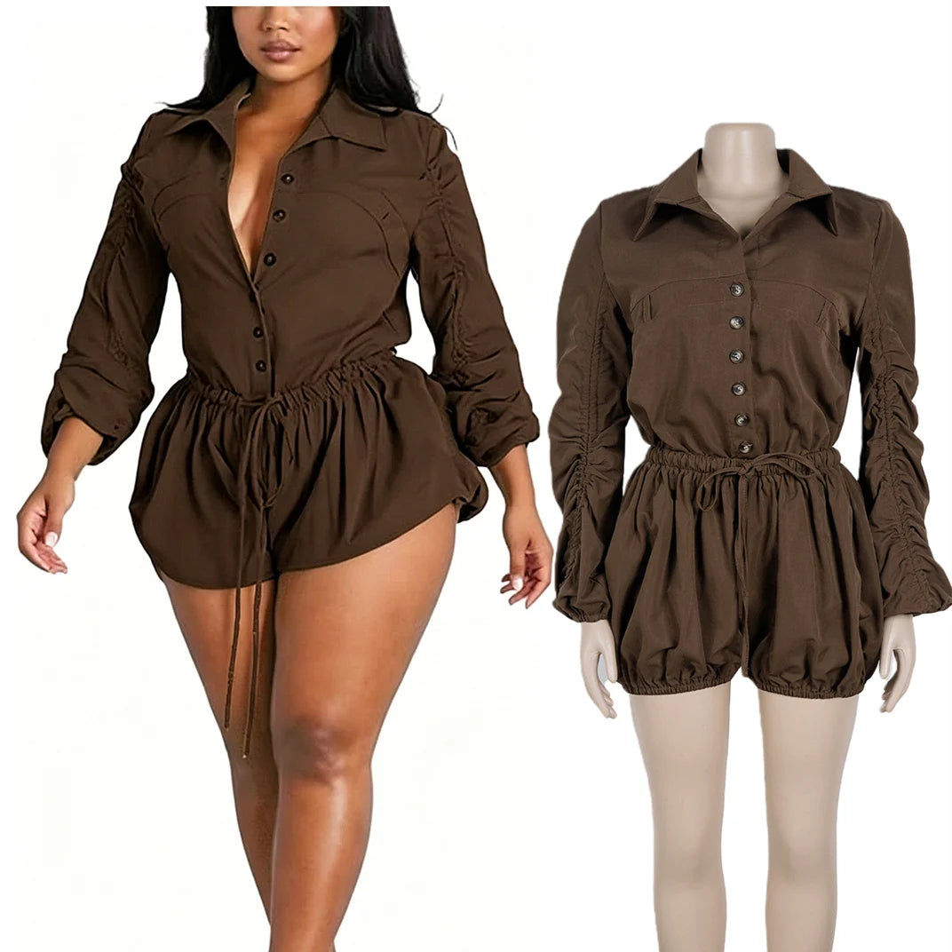 Elegant Ruched Drawstring Lantern Sleeve Romper for Women