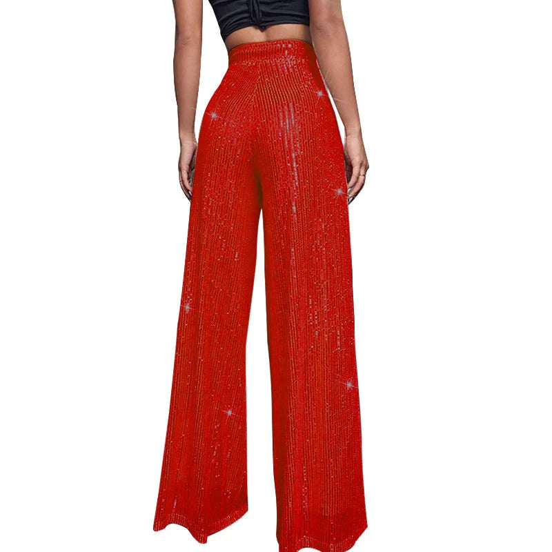 High Waist Sparkle Sequin Wide Leg Pants for Women