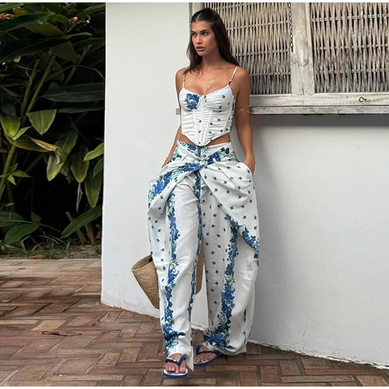 Printed Fishbone Top And Pleated Pants Two Piece Set For Women