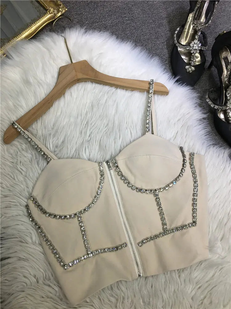 Fashion New Spring Summer Thin Shoulder Strap Camisole Hot Girl Diamonds Sexy Breast Pad Tube Top High Waist Zip Crop Tanks Tops