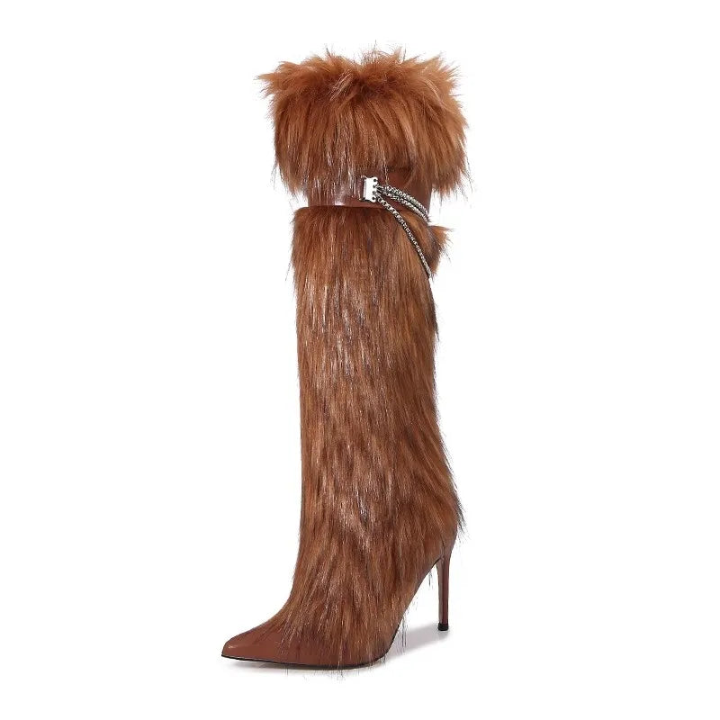 Elegant Faux Fur Knee High Stiletto Boots for Women