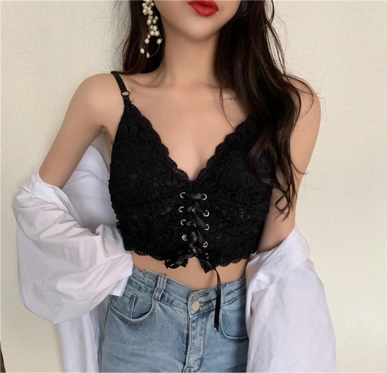 Lace Suspender Vest With Breast Pad And Chest Wrap For Women