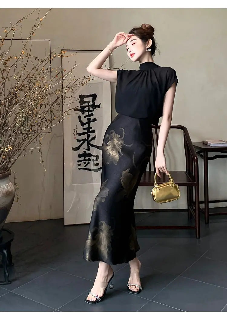 Chiffon Stand Collar Black Printed Three Piece Set for Women