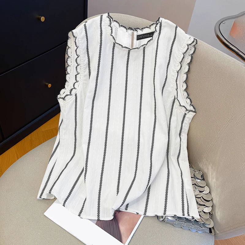 ZANZEA Women Fashion Striped Tanks Elegant Lace Trim Round Neck Sleeveless Tops 2025 Summer Lightweight Casual Tank Tops