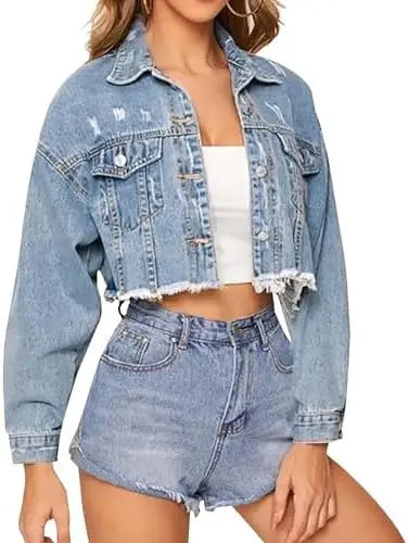 Vintage Distressed Denim Jacket With Turn Down Collar for Women