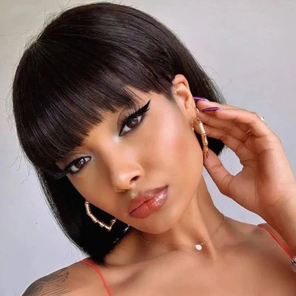 Short Straight Bob Human Hair Wig With Bangs for Women