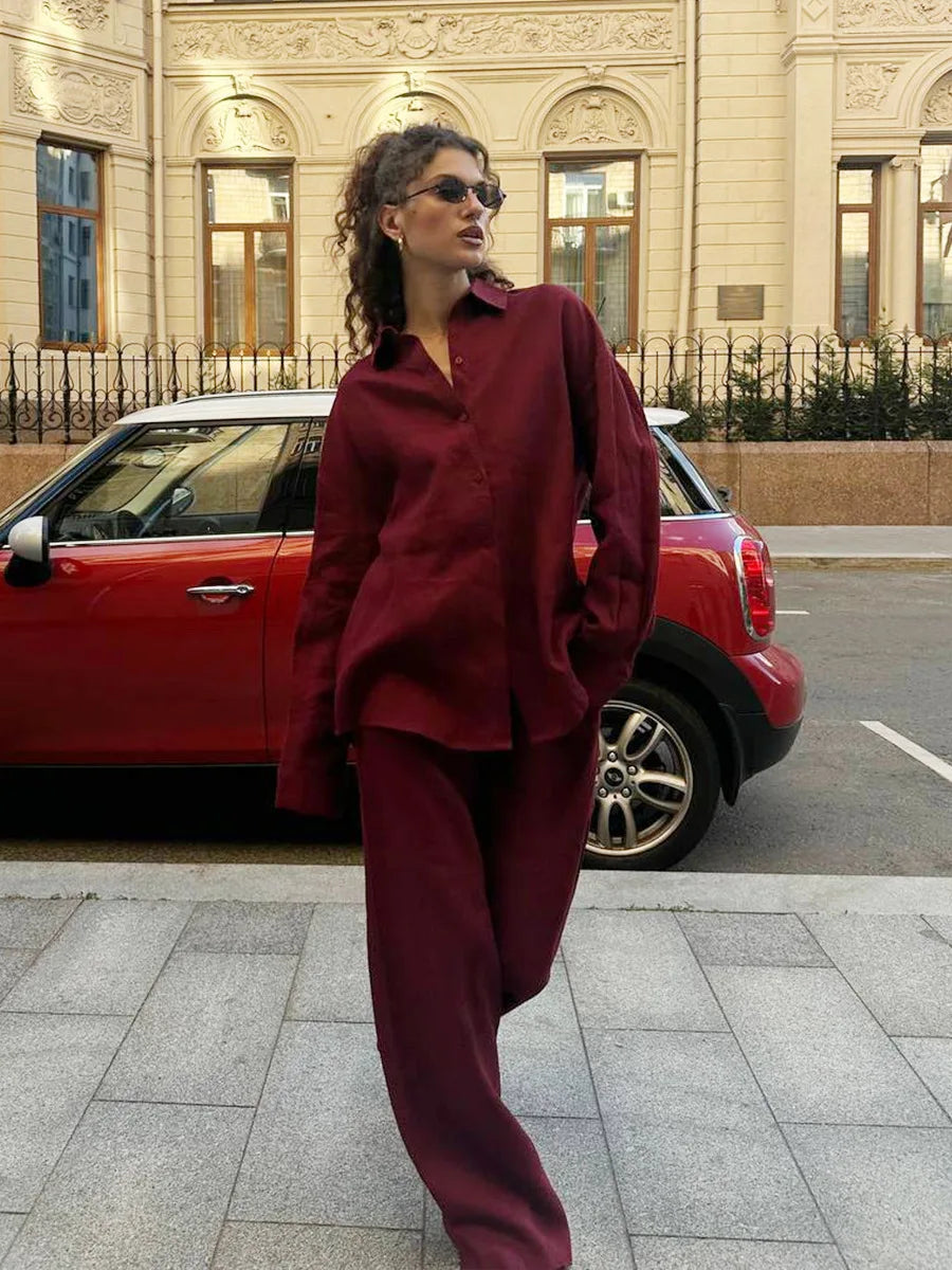 Casual Cotton Shirt and Elastic Waist Pants Set for Women