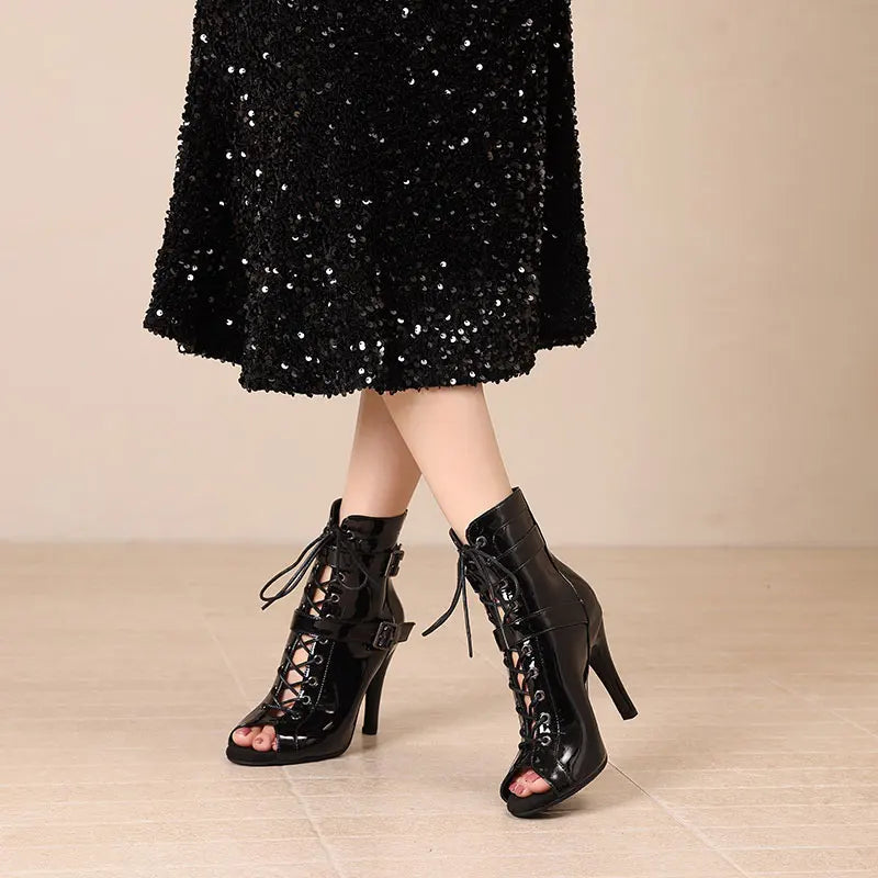 Leather Latin Dance Ankle Boots With Stiletto Heels for Women
