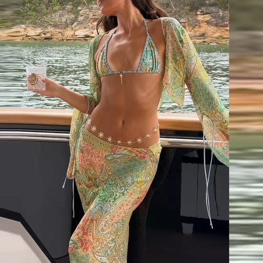 2025 Summer New Printed Slim Bikini Three Piece Set Vacation Casual Long Sleeve Beach Swimsuit Sexy Hollow Tie Up Split Swimwear