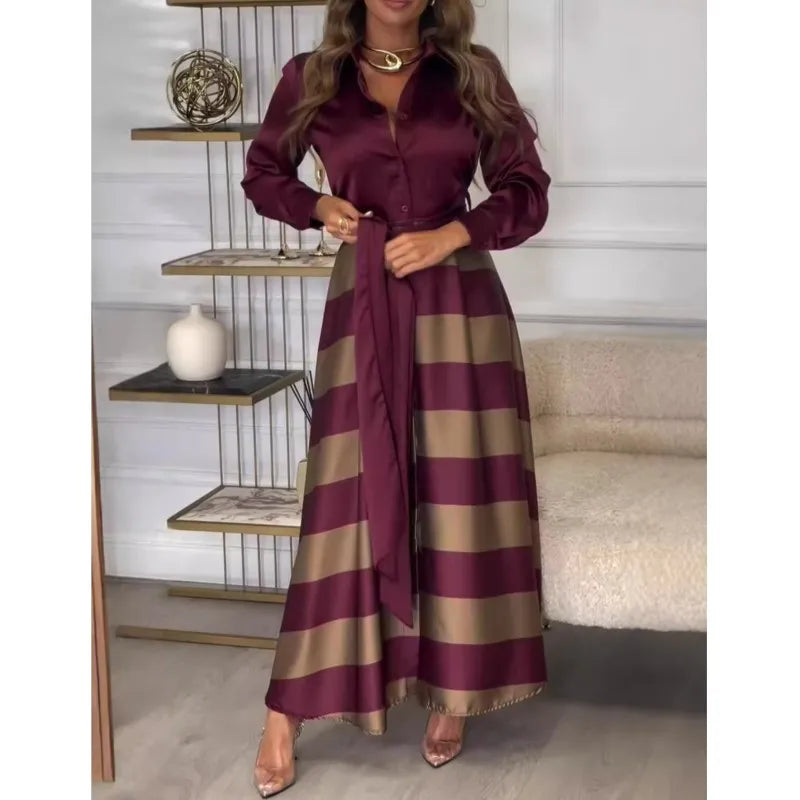 Women's Fashion Spring Autumn Satin Long Dress Casual Long Sleeved Lace Up Turn-down Collar Skirts Vintage Pattern Printed Dress