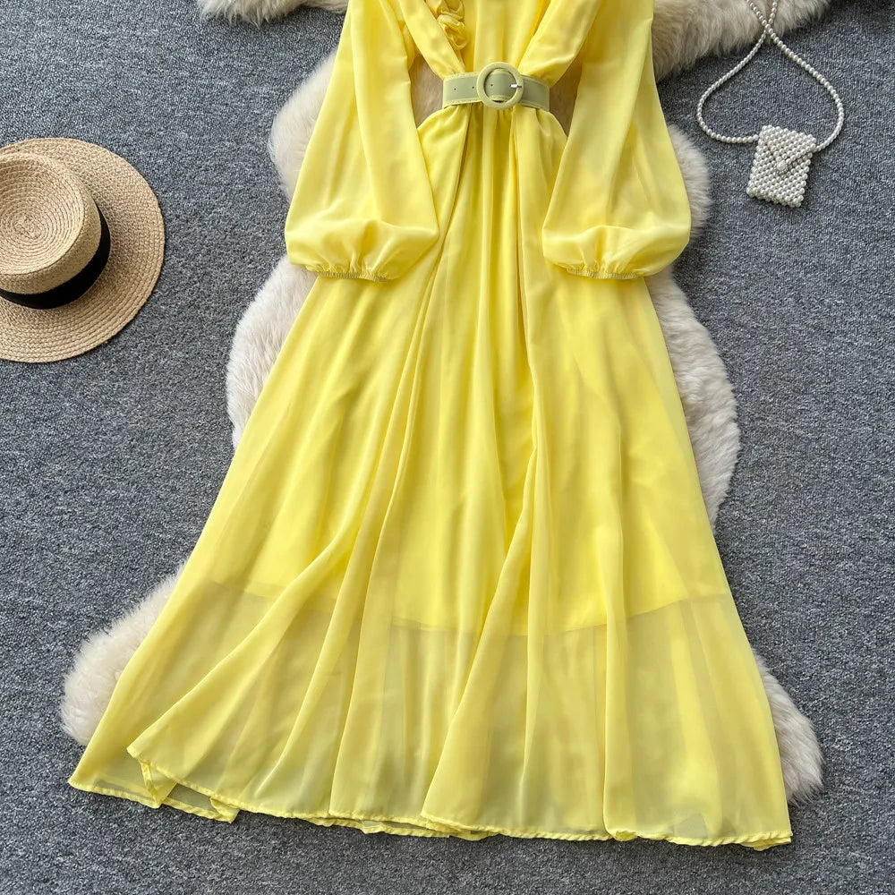 Floral Lace V Neck Long Sleeve A Line Midi Dress for Women