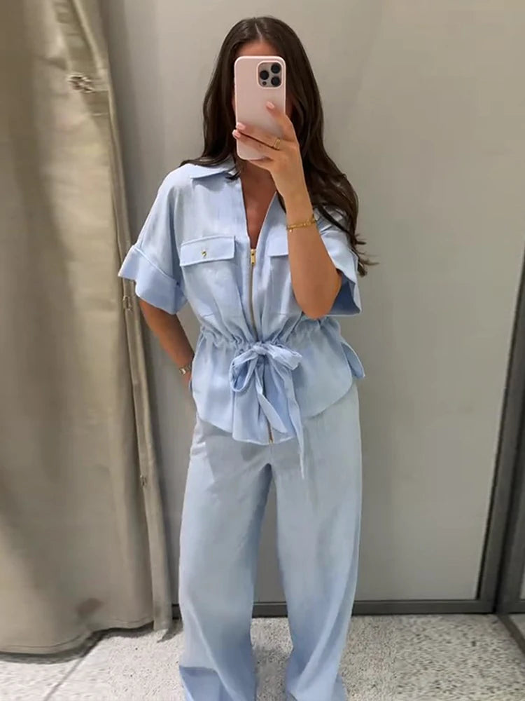 Casual Solid Chic Coat And Wide Leg Trouser Set for Women