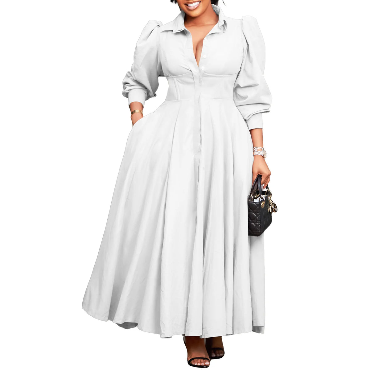 Plus Size V-Neck Long Sleeve Ankle-Length Dress for Women