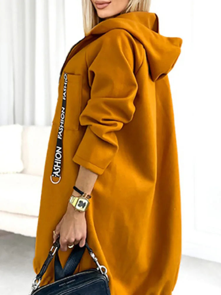 Autumn Winter Pockets Spliced Zipper Coat New Thick Warm Solid Color Women's Jacket Hooded Sports Long Sleeved Lady Outerwear