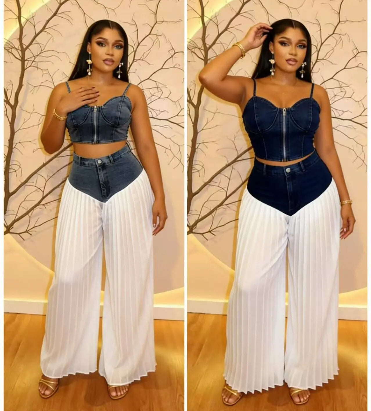 Casual Patchwork Wide Leg Denim Tracksuit Set for Women