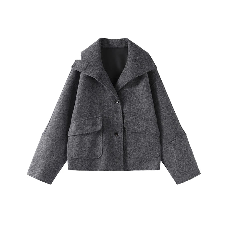 Solid Double Breasted Stand Collar Long Sleeve Overcoat for Women