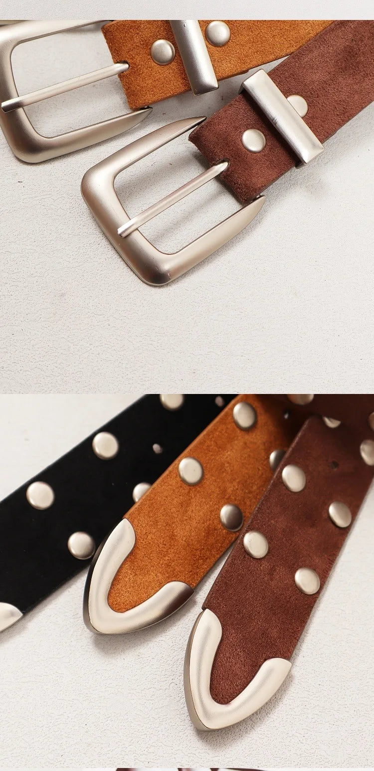 Retro Solid Color Suede Rivet Waist Belt for Women