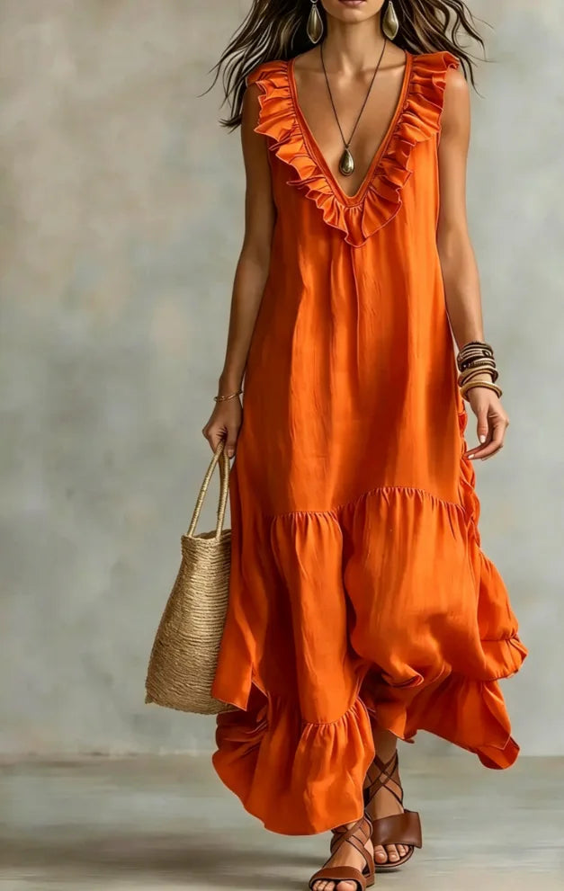 Spaghetti Strap V Neck Ruffle Trim Tiered Loose Flowy Maxi Dress for Women