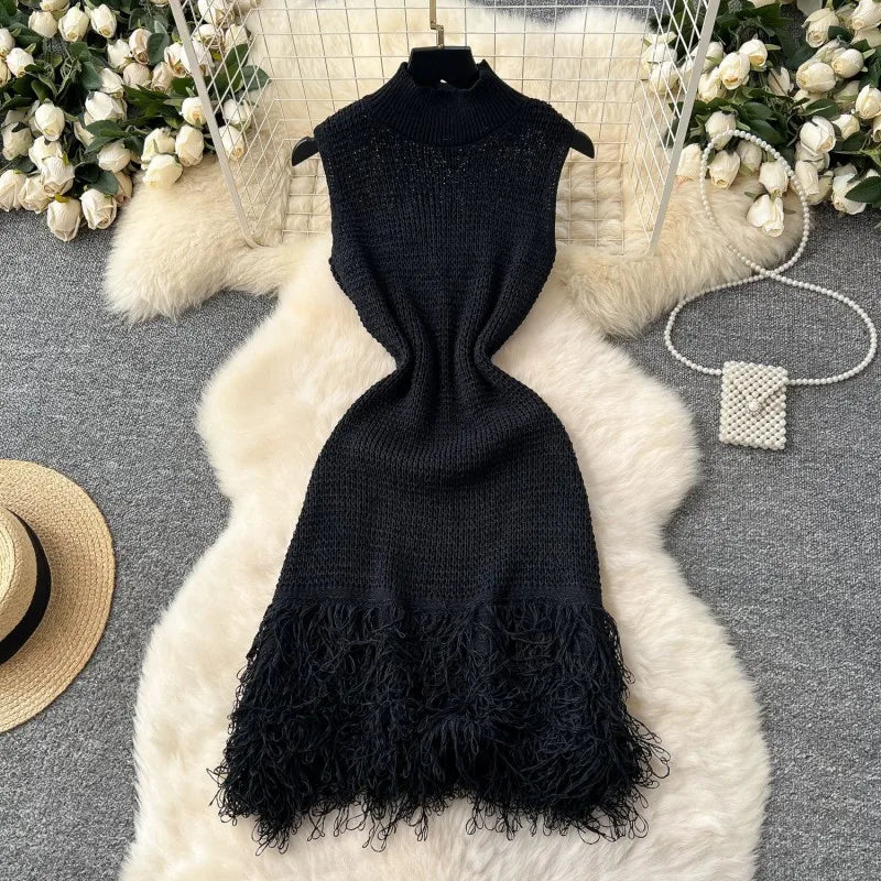 Elegant Round Neck Sleeveless Tassel Hem Bodycon Mini Knitted Dress for Women