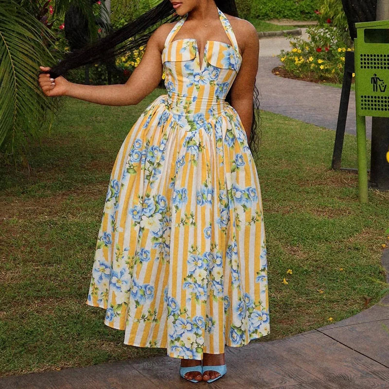 Women Elegant Backless Waist Vacation Dresses Sweet Style Floral Print Formal Party Dress Sexy Halter Sleeveless Bohe Long Dress