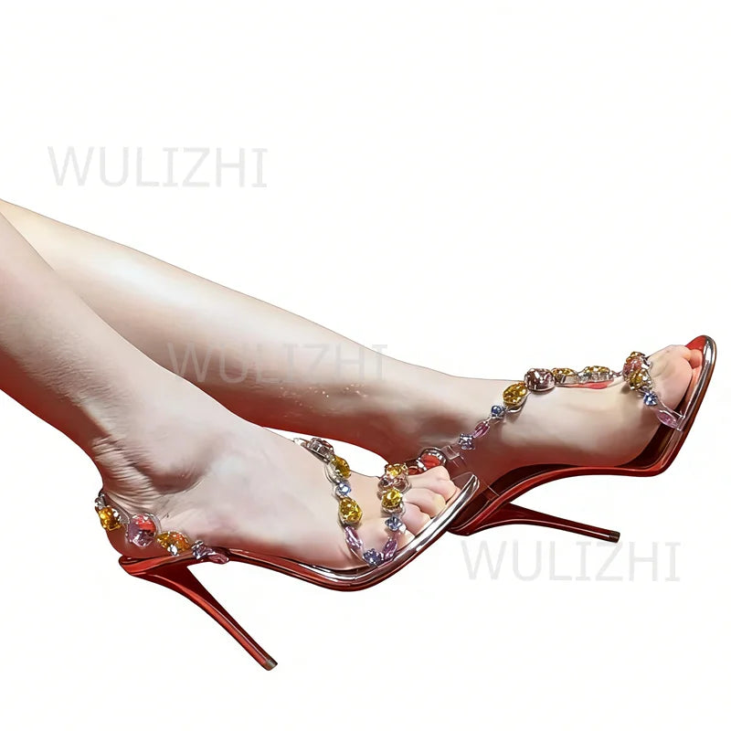 Crystal Gemstone Beaded Leather Sandals With Buckle For Women