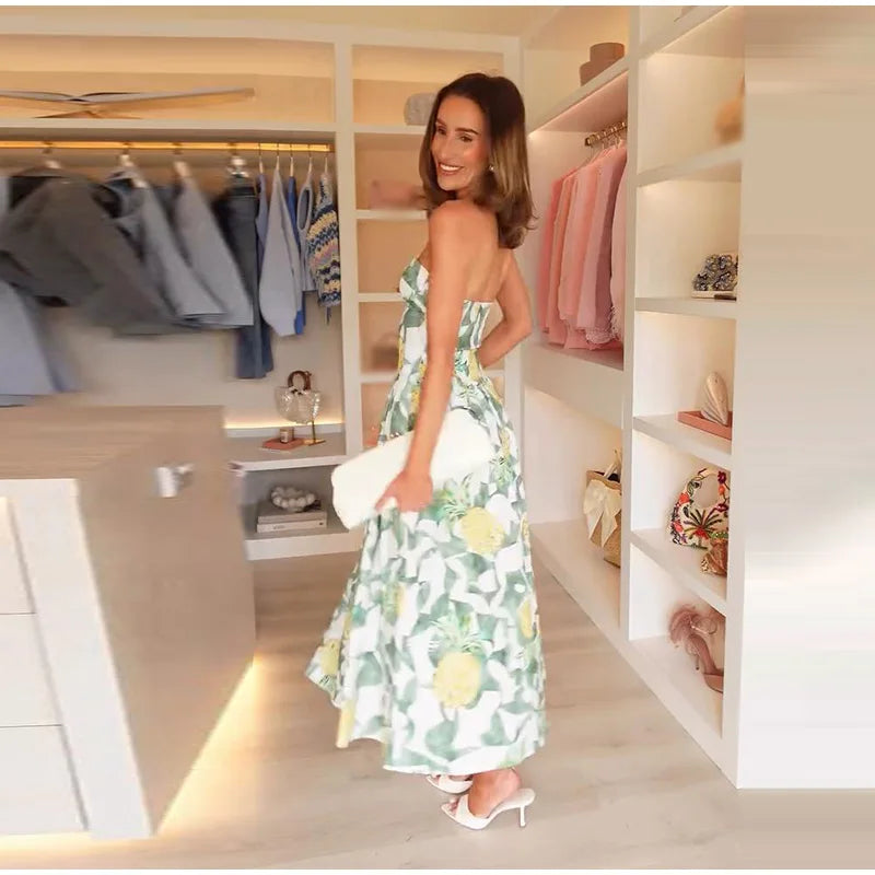 Printed Strapless Long Backless Dress With Pockets For Women