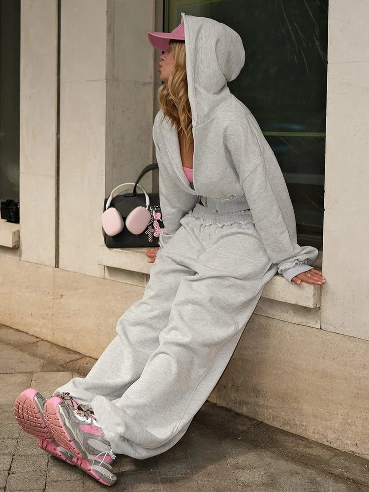 Patchwork Zip Hooded Crop Tracksuit Set