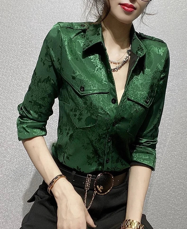 Female Tops Spring and Autumn Full Long Sleeve Women's Shirt Blouse Office Outfits Wear To Work Button Up Formal Loose Green Xl