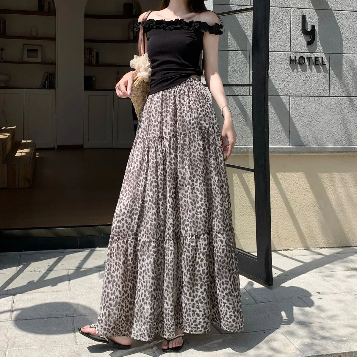 Vintage Leopard Print Tiered Maxi Skirt For Women