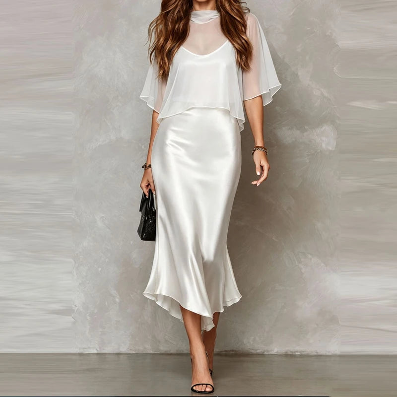 Women's Casual Sleeveless Silk Chiffon Skirt Sets Elegant Sheer Solid Mermaid Suits Sexy V-neck Sling Long Dress & Cape Outfits