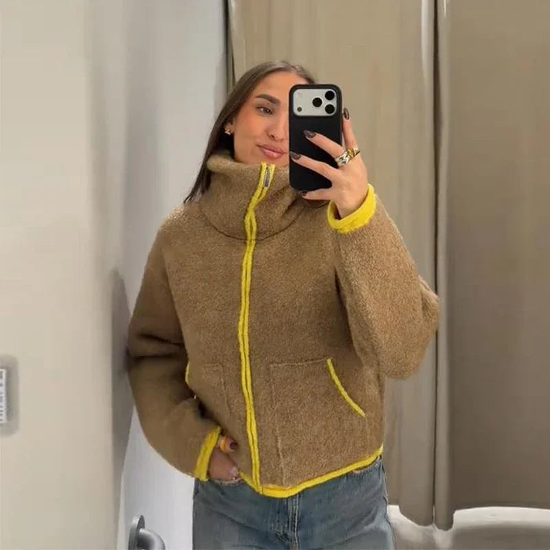 Fuzz Yellow Contrast Long Sleeve With Zipper Coat for Women