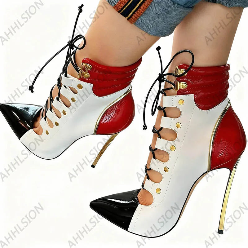 Pointed Toe Purple Leather Ankle Boots With Gold Accents For Women