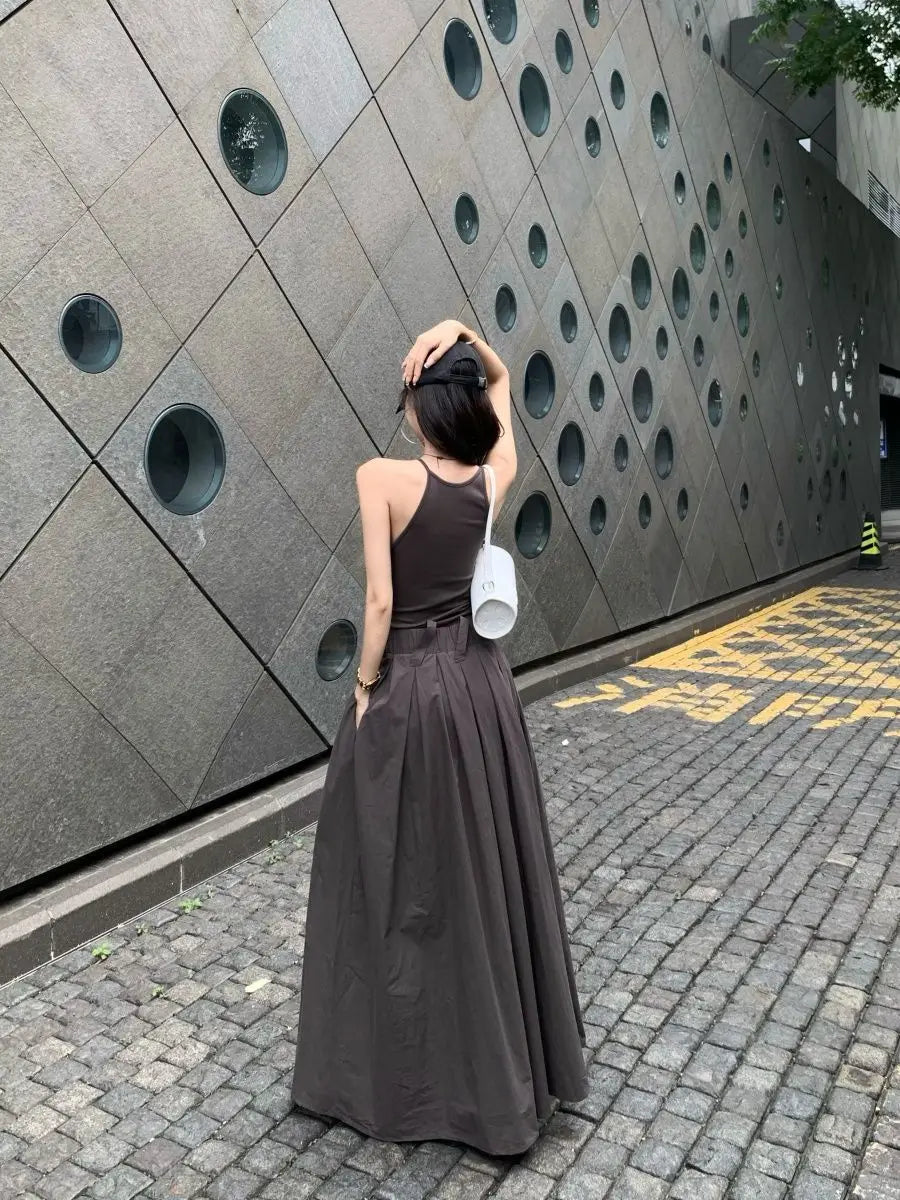 Gray High Waist Button Placket Midi Dress For Women