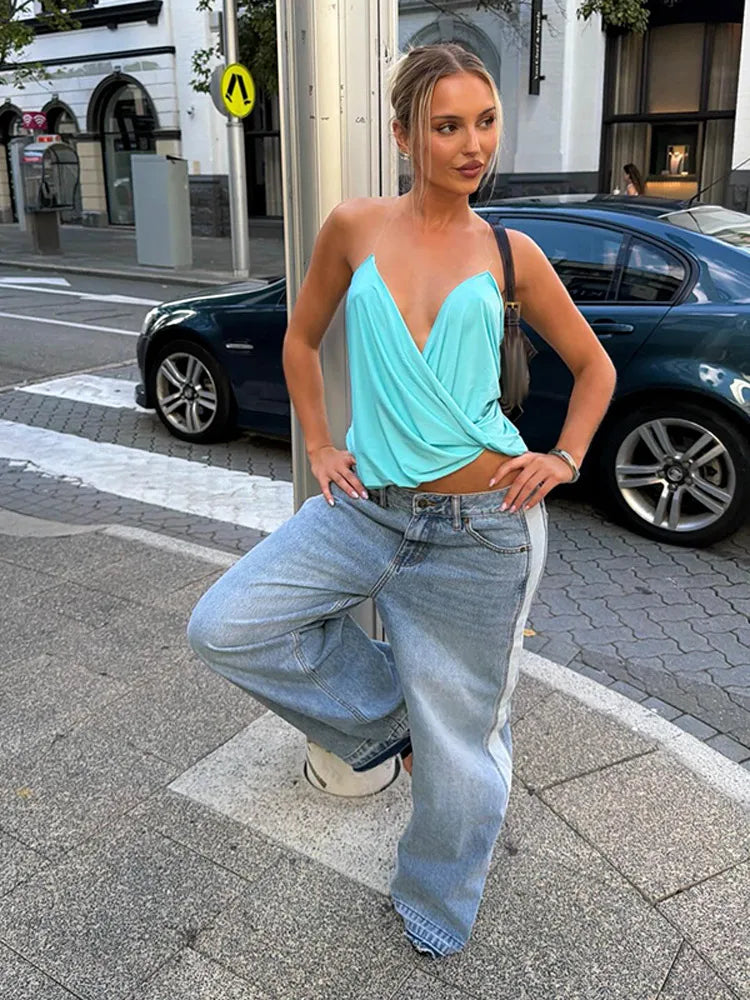 Loose Pleated Halter V Neck Backless Camisole Top for Women