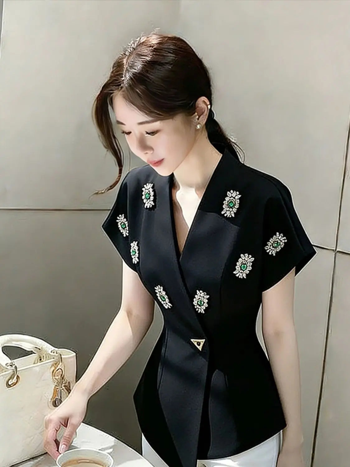 Black Diamond Encrusted Single Breasted Cropped Jacket For Women