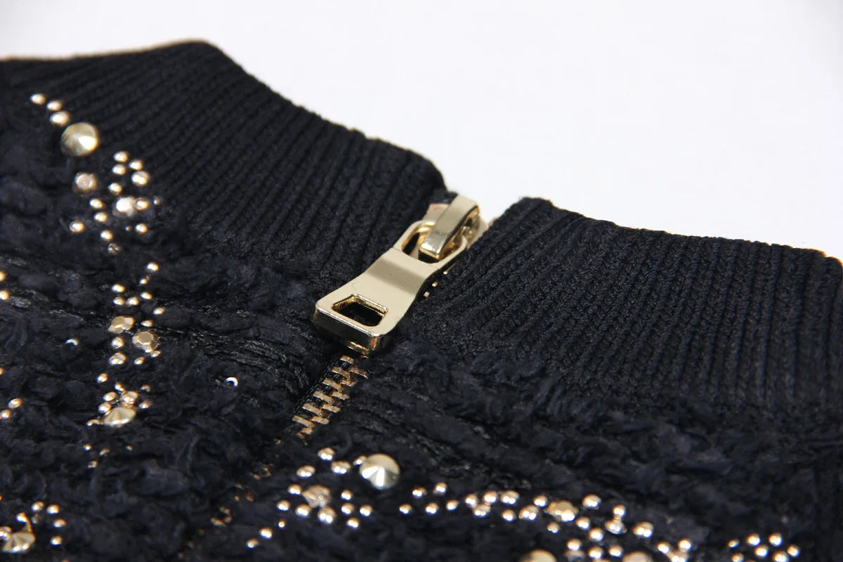 2025 Autumn New Heavy Knitted Hot Diamond Long-sleeved Jacket Sexy Vest + Skirt Set Light Luxury Party Women Three-piece Set