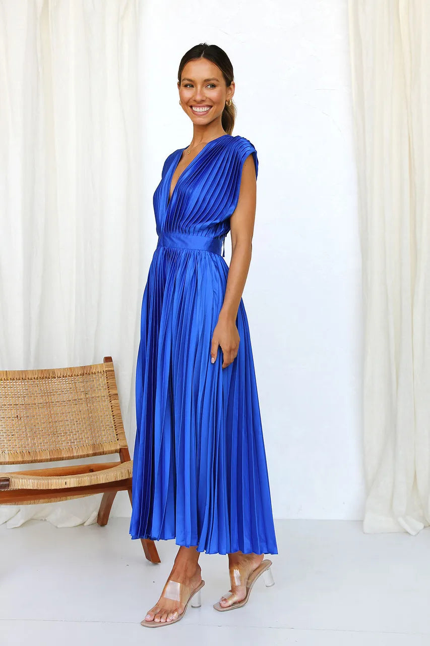 Elegance Draped V-Neck Pleated Skirt Dress 2025 Women Solid Strapless Backless Patchwork Loungewear Simple Maxi Dress