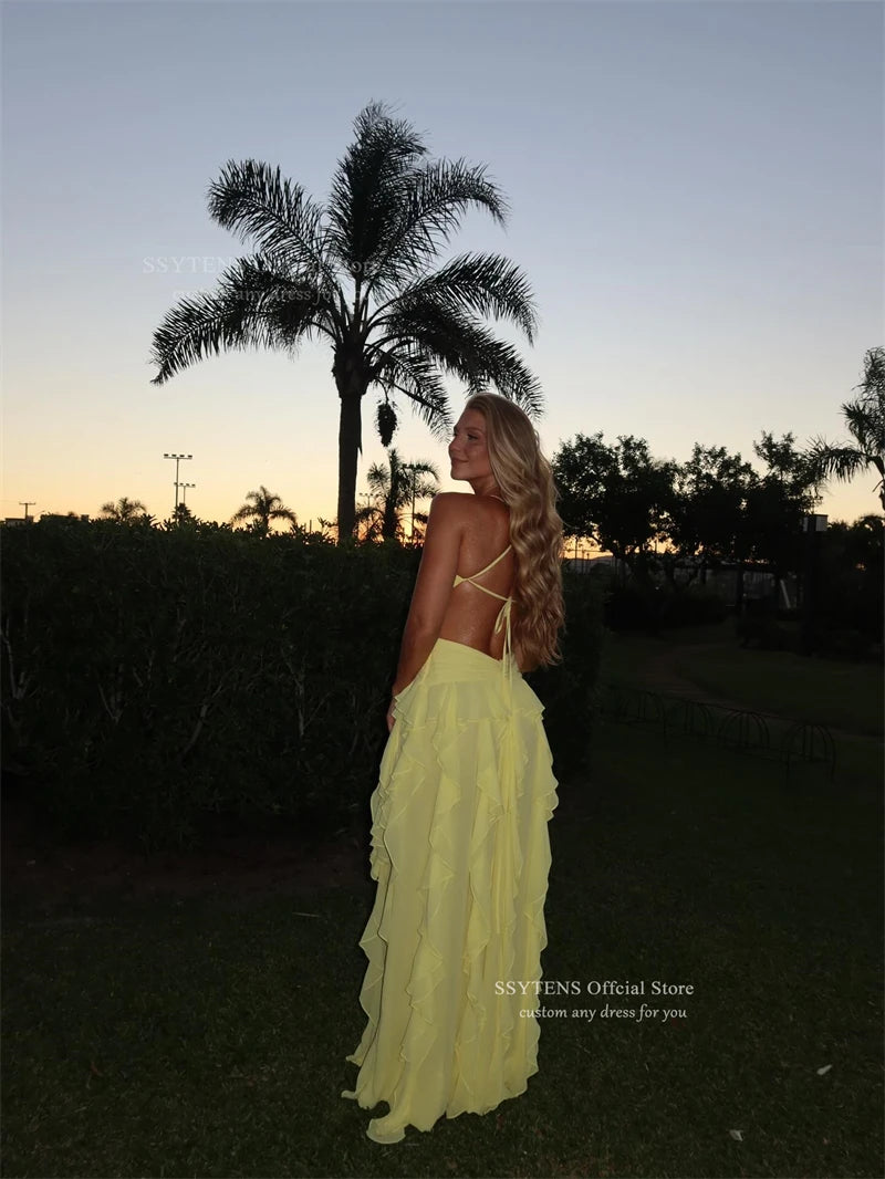 Yellow Ruffle Tiered Deep V Neck Chiffon Evening Dress for Women