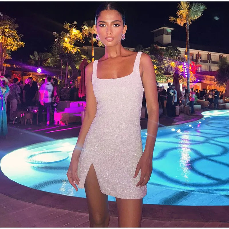 Sleeveless Sequin Mini Dress with High Slit for Women