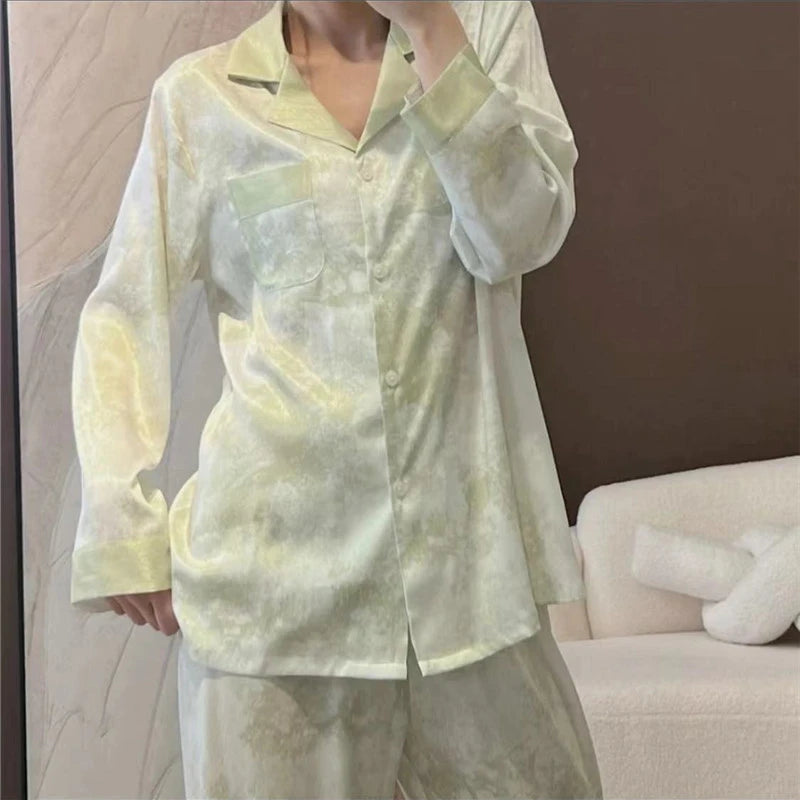 Flowers Twill Print Classy Women's Pajamas Spring Autumn Two-piece Sets Long Female Lounges Simulated Silk 2024 New Y2k Homewear