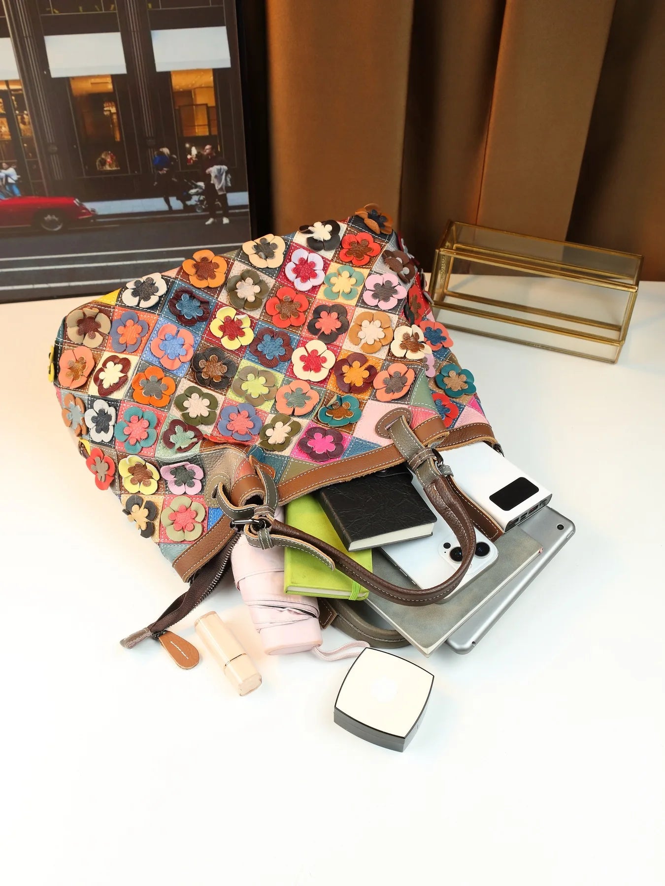ABQP New Women's Handbag Made of Genuine Leather Hand Woven Women's Single Shoulder Crossbody Bag Color Spliced Women's Bag