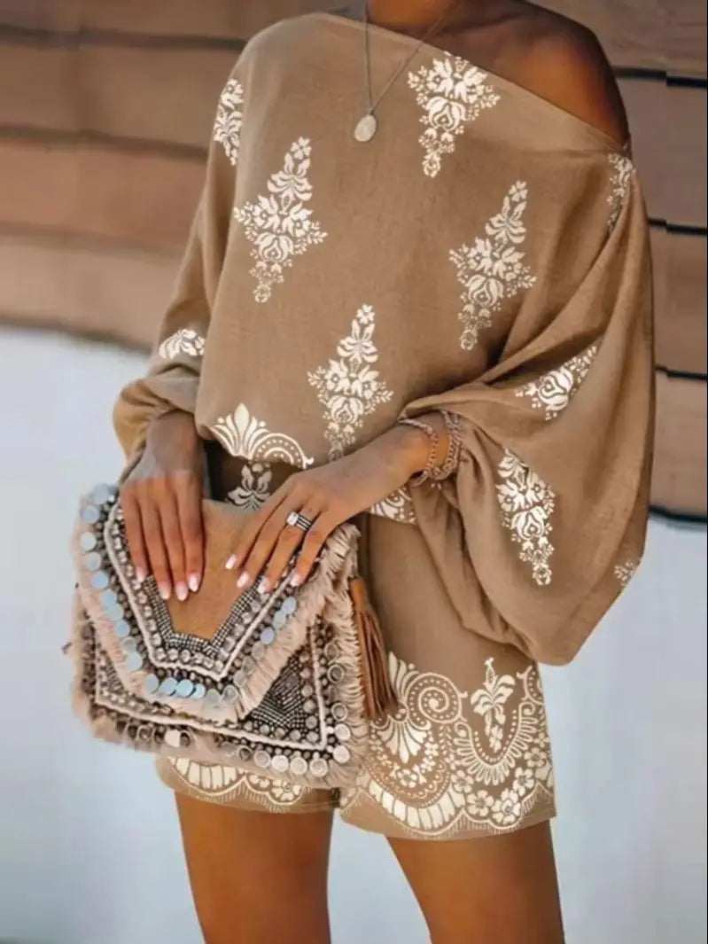 Vintage Floral Off Shoulder Top and Shorts Set for Women