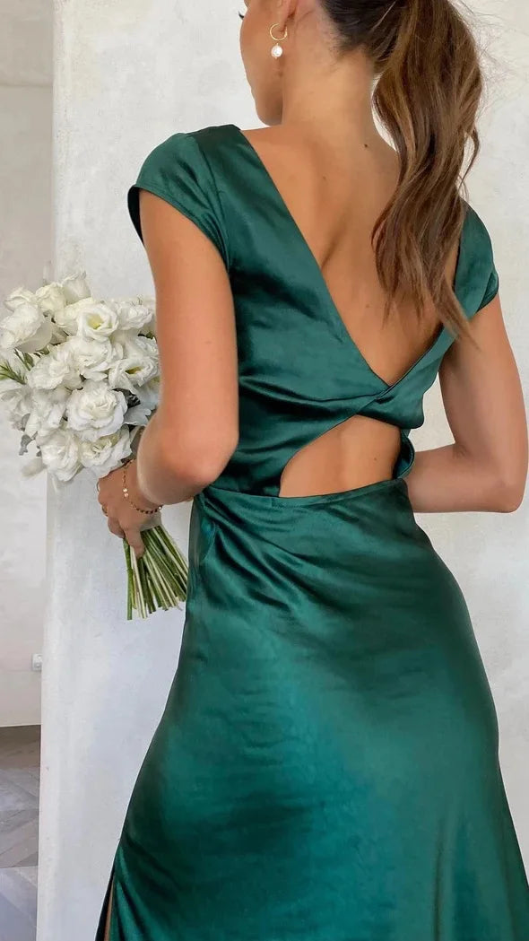Elegant Solid Color Satin Slim Backless Slit Dress for Women