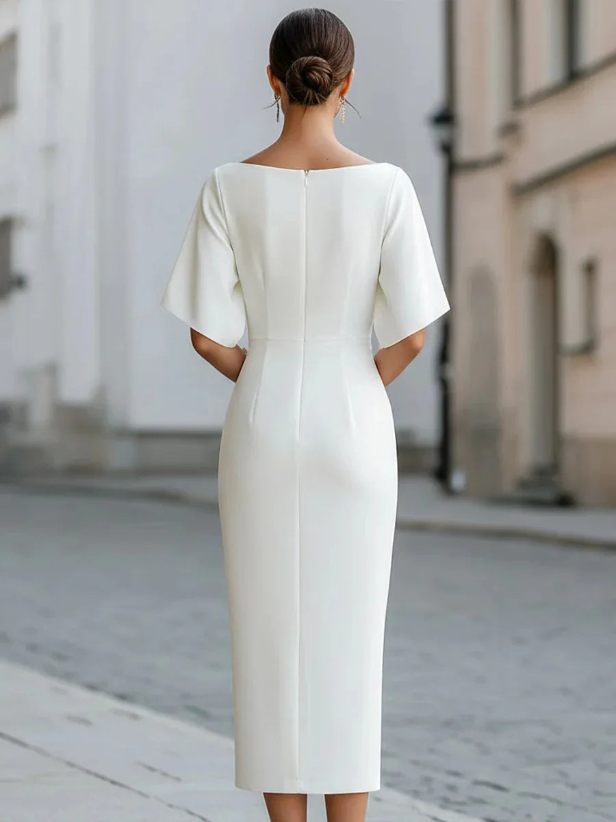 Elegant Office Midi Dress With Short Sleeves For Women