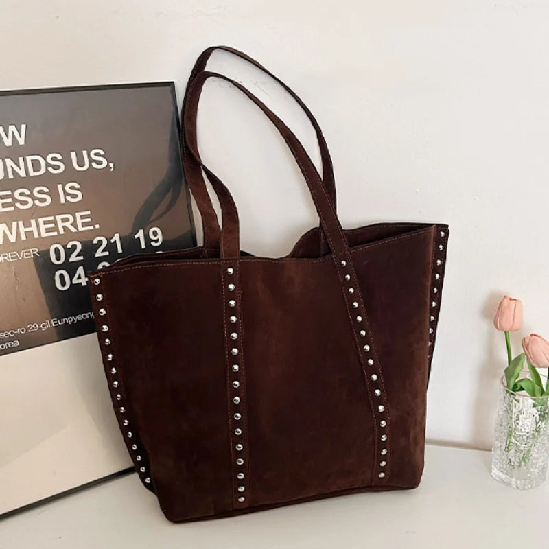 Y2kn Women's Rivet Tote Bag Autumn And Winter New Versatile Casual Shoulder Underarm Bag Brand Designer Fashion Simple Handbag