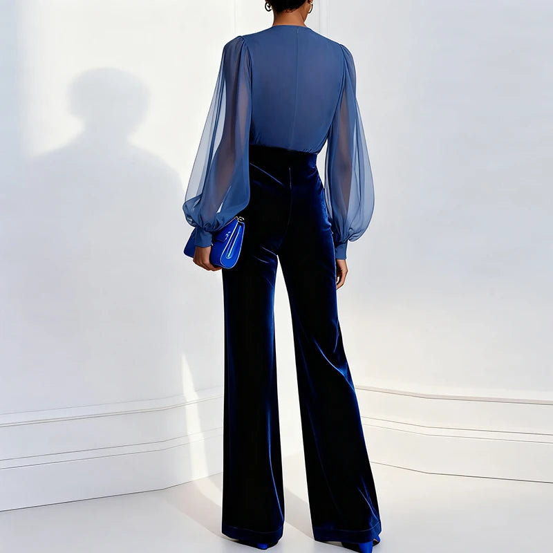 Casual Color Block V Neck Long Sleeve Jumpsuit for Women