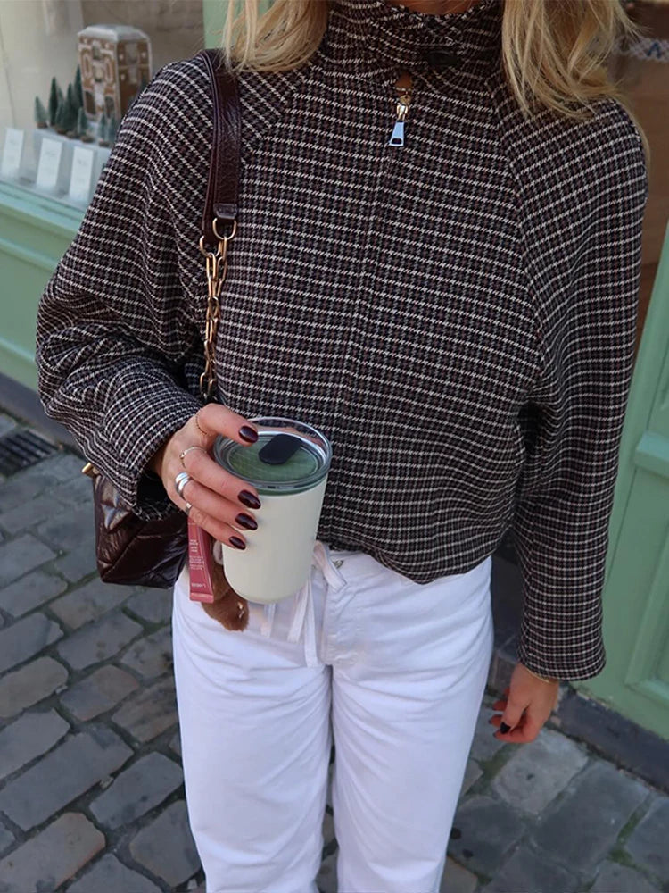 Vintage Plaid Women 's Jacket Elegant Lapel Patchwork Full Sleeve Zipper Cropped Jackets Lady 2026 Woman Spring Coats Outwears